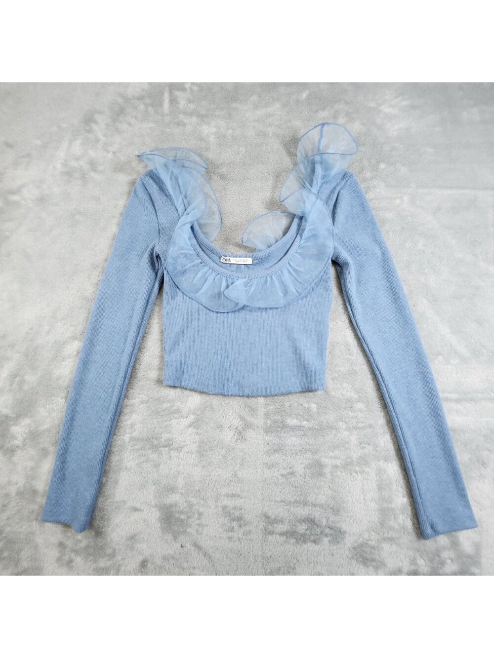 Zara Cropped Ruffle Sweater Small Blue Fairy Whimsy Romantic Ethereal Feminine